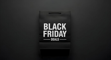 Elegant black shopping bag advertising Black Friday deals on a dark background minimalist style perfect for marketing materials