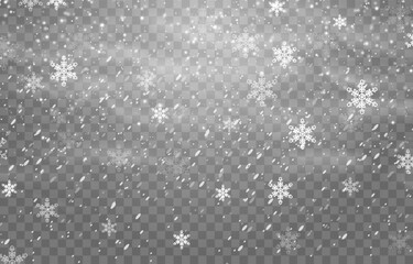 Vector falling snowflakes on png background. Vector heavy snowfall. White snowflakes flying in the air. Snow flakes, snow and blizzard. Christmas snow. Isolated on transparent background