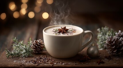 Cozy Winter Mug with Creamy Drink and Festive Spices
