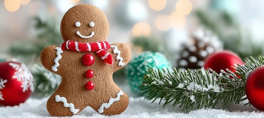Charming Gingerbread Cookie Man Surrounded by Colorful Christmas Ornaments and Twinkling Lights