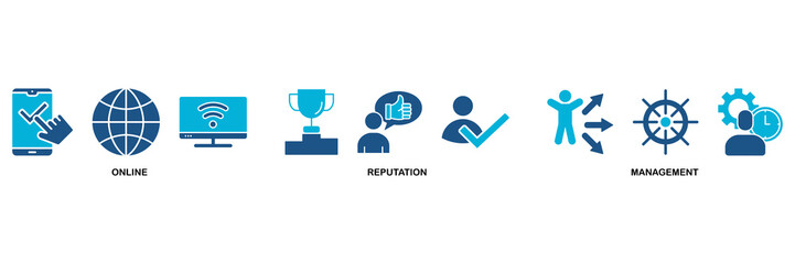 ORM banner web icon vector illustration concept for online reputation management with icon of internet, browser, winner, trust, favorite, and business