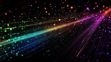 Obraz premium A vibrant, colorful, abstract digital artwork featuring a rainbow of glowing particles and lines against a black background.