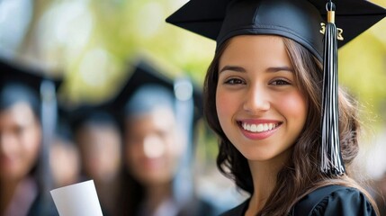 A young woman in a graduation cap and gown, smiling and holding a diploma, with a blurred background of other graduates.