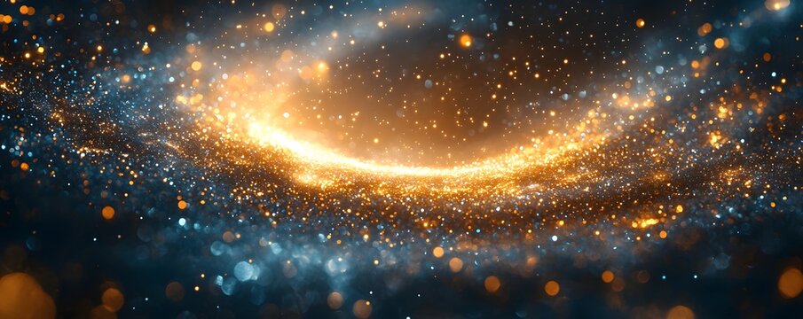 A swirling cosmic ring of golden stardust and luminous particles against a dark celestial background