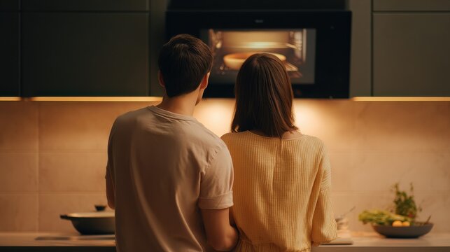 A man and woman are standing in a kitchen looking at a microwave