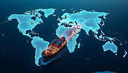 From high above the Atlantic, a cargo vessel sails not just through water but through data. A glowing world map overlays the ocean, neon threads connecting ports, continents, and cultures. The ship gl