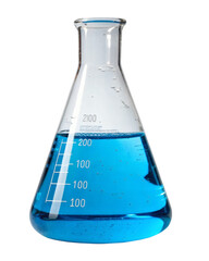 Laboratory Kitasato flask with blue liquid, cutout PNG transparent background