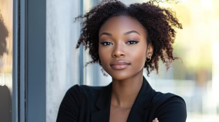 A confident young woman with curly hair wearing a black blazer, standing in front of a window with a blurred background.