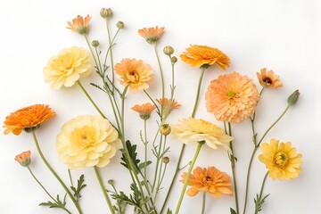 Assortment of Yellow and Orange Flowers on White Background this displays