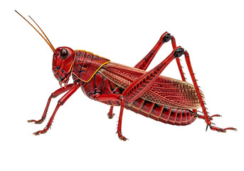 Fototapeta premium A striking close-up of a vibrant red grasshopper, showcasing intricate details and textures against a pure black background.