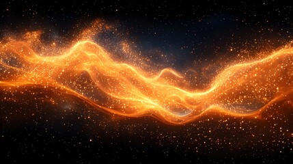 Abstract cosmic waves of luminous orange energy and shimmering particles swirl against a dark star filled background