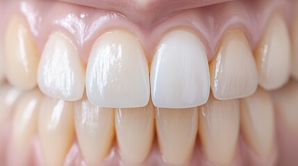 A close-up of a person's teeth, showing a healthy smile with white teeth and a pink tongue.