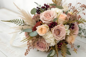 Rustic wedding bouquet with roses pampas grass and eucalyptus on white wood bridal bouquet bohemian