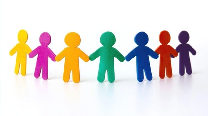 A group of colorful wooden figures in a line, each with a unique color, standing on a white background.