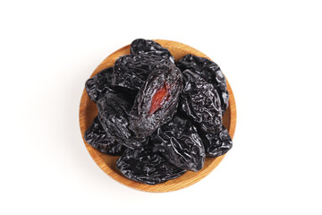 Dried Prunes in Wooden Bowl on White Background - Healthy Natural Fruit Snack