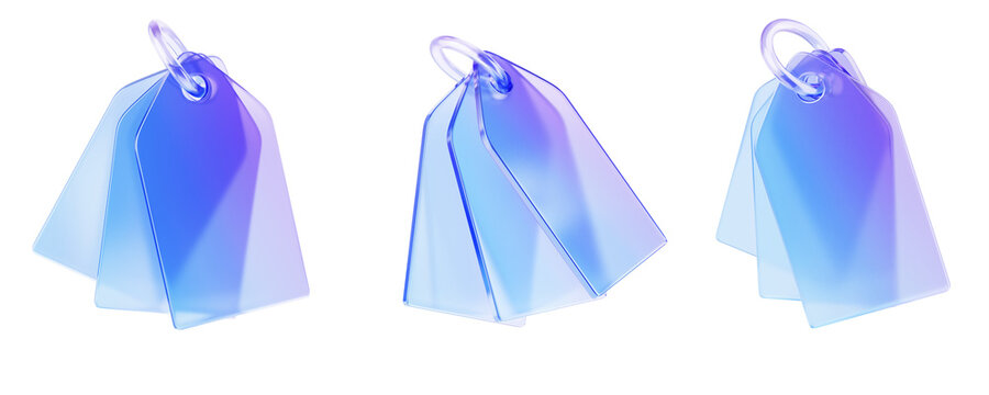 Holographic glass morphism bunch of keychains with ring mockup for branding. 3d render set of blank plastic key holder template. Gradient clear label or price tag of rectangle shape