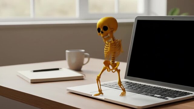Laptop showing dancing skeleton. Halloween concept displayed on computer screen. Holiday entertainment, digital spooky design footage.