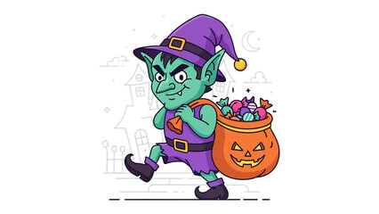 Trick-or-Treat Goblin: A whimsical goblin, adorned in a purple hat and carrying a Jack-o'-lantern bag overflowing with candy, struts through a charming Halloween night scene. 