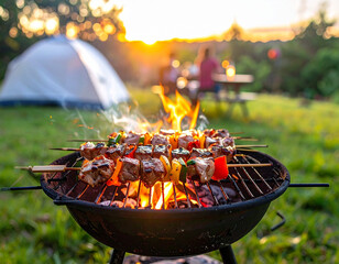 Barbecue meat skewers grilling with smoke, editorial photo, high resolution food concept photo