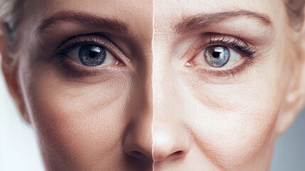 A woman's face with half of her face showing a younger appearance and the other half showing signs of aging. The focus is on the eyes and the skin texture,