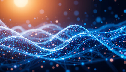 Abstract blue digital wave with orange light and dots on dark background