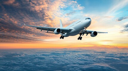 A white airplane flying over a cloudy sky at sunset.