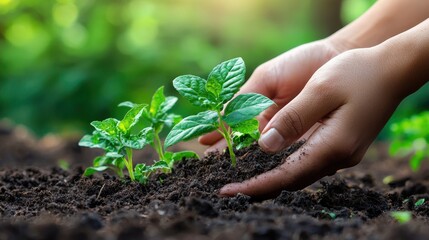 Two hands planting a seedling in a garden. The activity concept of gardening and planting. The image emphasizes the nurturing and growth of plants.