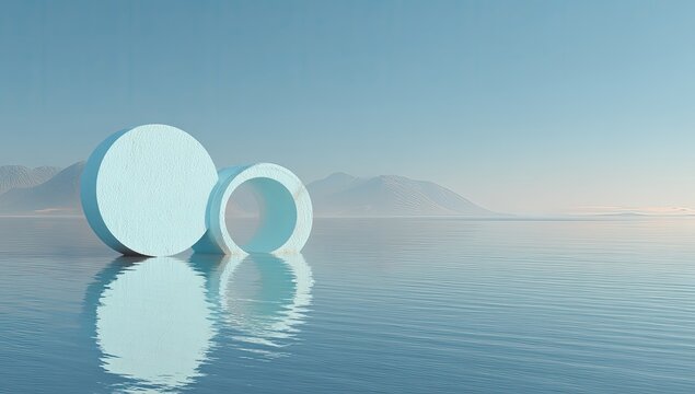 Light blue circles on placid water, misty mountains