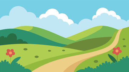 Peaceful rolling hills countryside landscape illustration with winding path and clouds