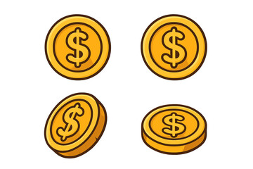 Gold coin icon set. Dollar money symbol. Finance and business sign. Vector cartoon illustration of currency, cash, payment, wealth, and savings. Isolated financial elements.