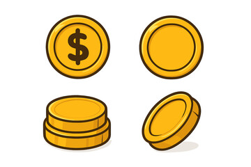 Gold coin icon set vector cartoon illustration. Money symbol for finance, cash, and currency. Includes dollar sign coin, blank coin, and stack. Isolated on transparent background.