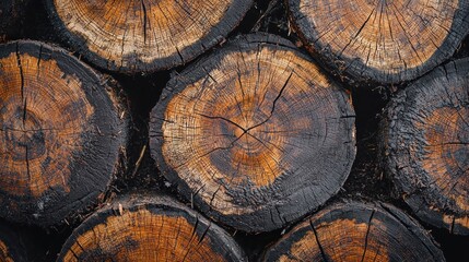 Stack of cut logs with a dark background.