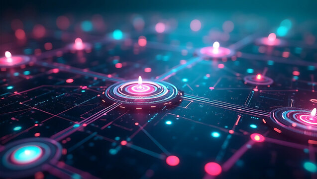 Futuristic digital network visualization with glowing nodes interconnected on a circuit board representing data flow