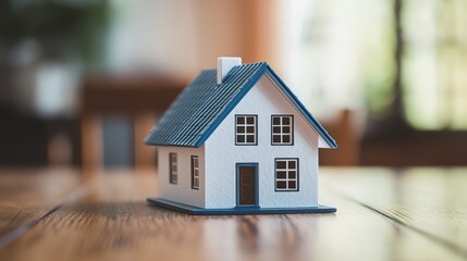 A small white and blue toy house with a blue roof and windows on a wooden table in a room with a window and a couch in the background.