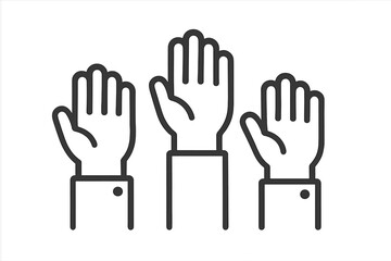 Hands raised up vector line icon. Concept of voting, volunteering, charity, and education. People asking questions or participating in a meeting. Democracy, election, auction.