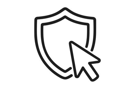 Cyber security icon with shield and cursor. Online data protection concept for internet safety and privacy. Secure click, web guard, antivirus, or firewall vector logo.