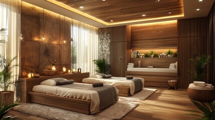 A luxurious bedroom with wooden accents, a large bed, and a spa-like setting with candles and plants.