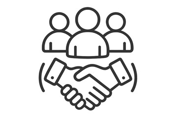 Business partnership and agreement icon. Handshake symbol for cooperation, deal, and collaboration. Teamwork and community support concept. Vector line art illustration of a group.