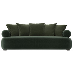A luxurious green velvet sofa with multiple cushions and bolster pillows is showcased against a stark black backdrop, highlighting its design.