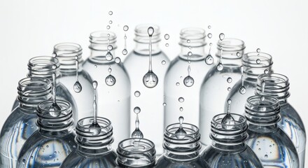Several clear water bottles with floating droplets. Suitable for health blogs, hydration posts, or educational materials on water conservation.