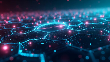 Glowing hexagonal data grid representing a futuristic technology network with flowing particles