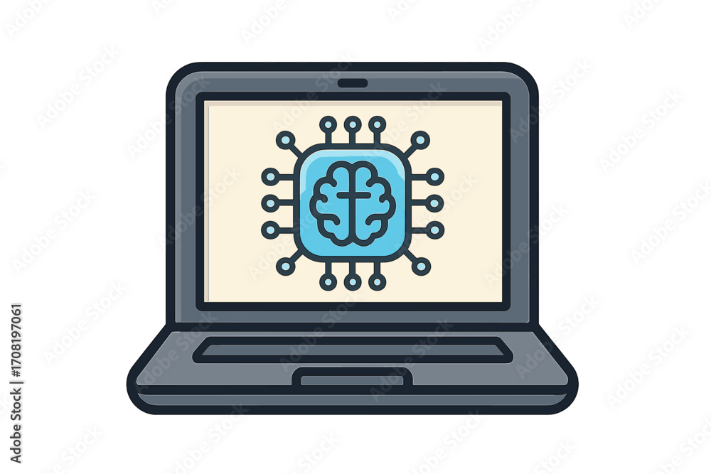 Poster artificial intelligence concept on laptop screen. brain icon symbolizing machine learning, data proc
