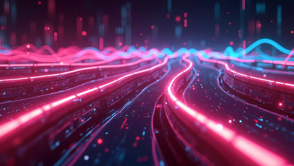 Dynamic Digital Data Flow Abstract Background with Glowing Neon Pink and Blue Light Trails
