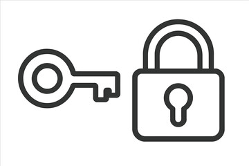 Key and lock outline icon. Simple line vector symbol for security, access, and privacy. Concept of safety, protection, and solution. Unlocking or locking pictogram for web design.