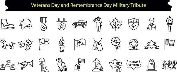 Collection of black outline icons symbolizing military service, remembrance, and patriotism for veterans day and remembrance day, isolated on transparent background