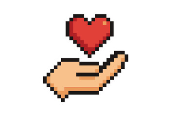 Hand giving heart pixel art. 8-bit game icon. Love, care, health, and donation concept. Charity, volunteer, life symbol. Retro gaming style vector for Valentine's day.