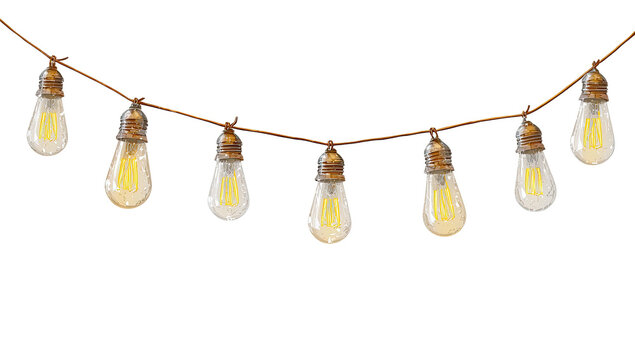 String of warm-toned Edison-style light bulbs hanging on a brown cord
