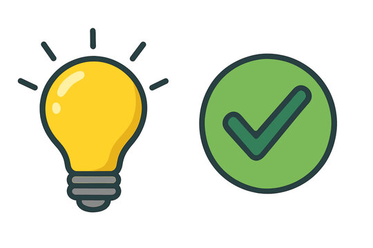Good idea concept with light bulb and check mark. Approved solution, success, and innovation symbol. Creative thinking and problem-solving vector illustration. Validation icon.