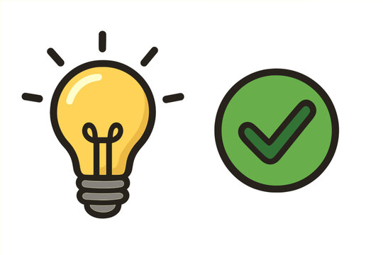 Good idea approved concept. Light bulb with green check mark icon. Vector for creative solution, successful innovation, problem-solving, right decision, validated thinking.