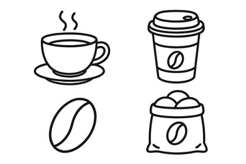 Coffee icon set in thin line style. Vector linear illustration of hot drink, cup to go, coffee bean, and sack. Outline graphic elements for cafe menu, website, mobile app.